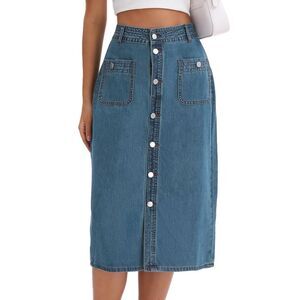 Women's Denim Skirt Button Down Front Pockets Midi Jean Skirts Retro Blue